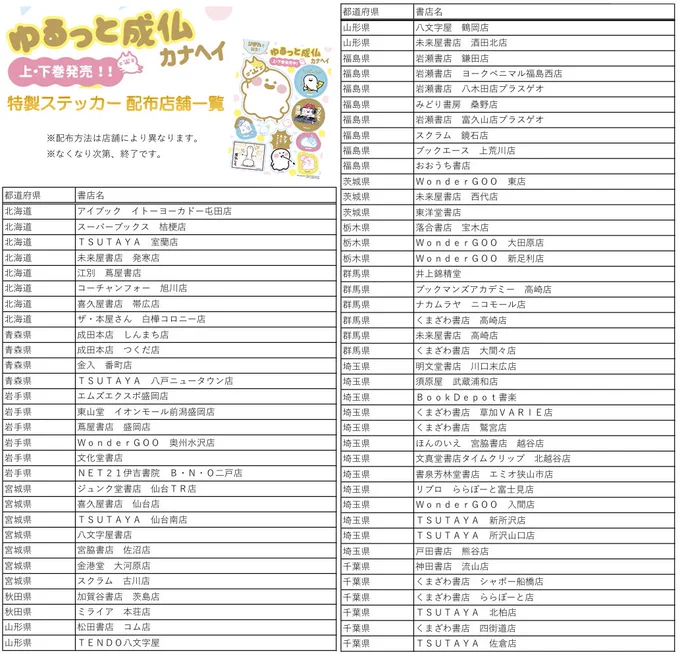 #ゆるっと成仏
特典シールがもらえる書店さん一覧です…!
各書店さんによって配布方法(購入時なのか予約時なのかetc...)が違うとのことなので、確実にゲットしたいという方はお近くの店舗にお問い合わせいただけたらと思います…!?‍ 