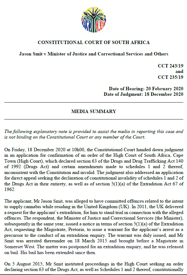 ConCourtSA's tweet photo. (1/2) Judgment:  Section 63 of the Drugs and Drugs Trafficking Act and the amendments effected under that section are unconstitutional. The section gives the Minister plenary legislative power, contravening the separation of powers principle. (Jason Smit v Minister of Justice). https://t.co/JxETAgWWgP