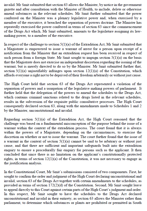 ConCourtSA's tweet photo. (1/2) Judgment:  Section 63 of the Drugs and Drugs Trafficking Act and the amendments effected under that section are unconstitutional. The section gives the Minister plenary legislative power, contravening the separation of powers principle. (Jason Smit v Minister of Justice). https://t.co/JxETAgWWgP