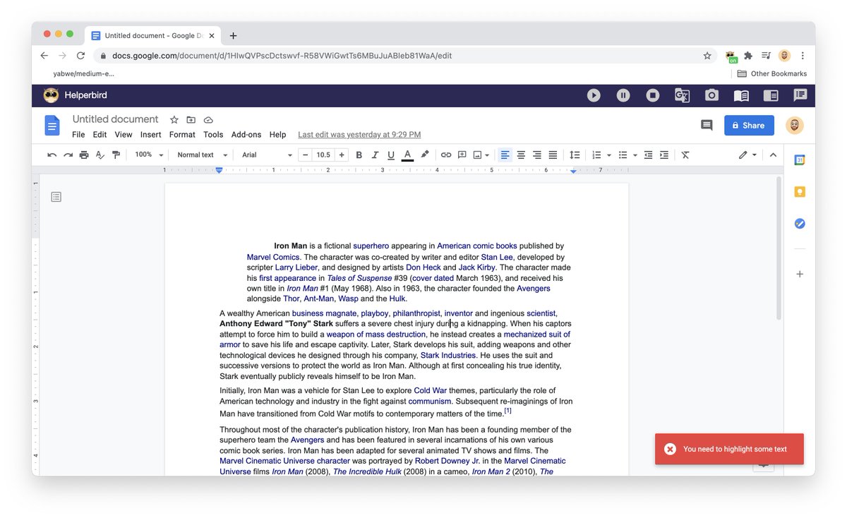 helperbird's tweet photo. Coming later today to Helperbird.

Google docs support! 😍

A beautiful toolbar at the top of Google docs, with access to all our features. Including Immersive reader.

Our quick menu is even better. Highlight anything and have access to all your features. 

@mtholfsen @ksuding https://t.co/BuAVVSEZ3C