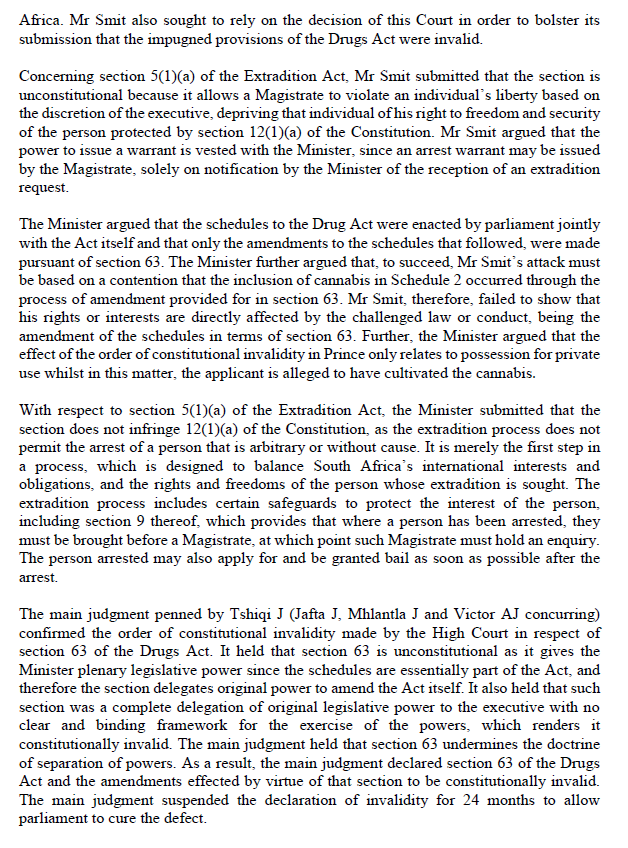 ConCourtSA's tweet photo. (1/2) Judgment:  Section 63 of the Drugs and Drugs Trafficking Act and the amendments effected under that section are unconstitutional. The section gives the Minister plenary legislative power, contravening the separation of powers principle. (Jason Smit v Minister of Justice). https://t.co/JxETAgWWgP