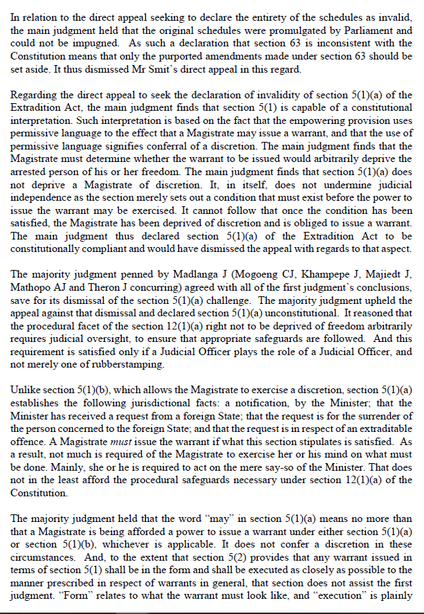 ConCourtSA's tweet photo. (1/2) Judgment:  Section 63 of the Drugs and Drugs Trafficking Act and the amendments effected under that section are unconstitutional. The section gives the Minister plenary legislative power, contravening the separation of powers principle. (Jason Smit v Minister of Justice). https://t.co/JxETAgWWgP