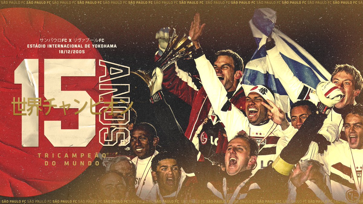 SaoPauloFC's tweet photo. Esse dia, esse momento. ❤️

🗓 18.12.2005
☑️ Liverpool 0️⃣x1️⃣ São Paulo
⚽️ Mineiro (26’ do 1° tempo)
🏟 Estádio Internacional de Yokohama 🇯🇵 

🏆🏆🏆 Tricolor tricampeão do mundo - o único clube tricampeão mundial no Brasil!

#15AnosDoTri
#SPFC90
#MemóriaTricolor 🇾🇪 https://t.co/fQCw3PtFVS