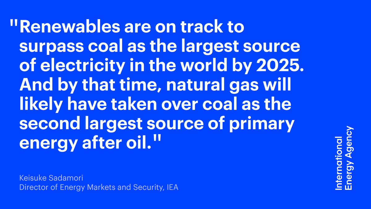 IEA's tweet photo. Coal’s share in the electricity mix &amp; the overall energy mix are in steady decline. But without new policies, no rapid demand reduction is in sight.

Our Coal 2020 report, released today, offers analysis &amp; forecasts on the outlook for coal through 2025 → https://t.co/Yn0Q89fB8a https://t.co/565daDEn7R