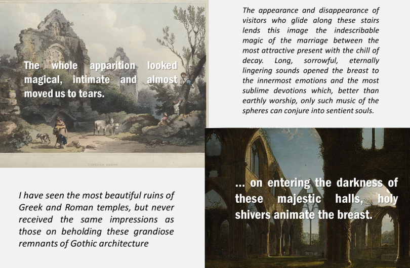 Romantic poetry and landscape painting highlighted Tintern Abbey as the perfect example of a medieval ruin situated in a picturesque landscape. Tourists flocked from France and Germany to experience the atmosphere of the site. 5/6