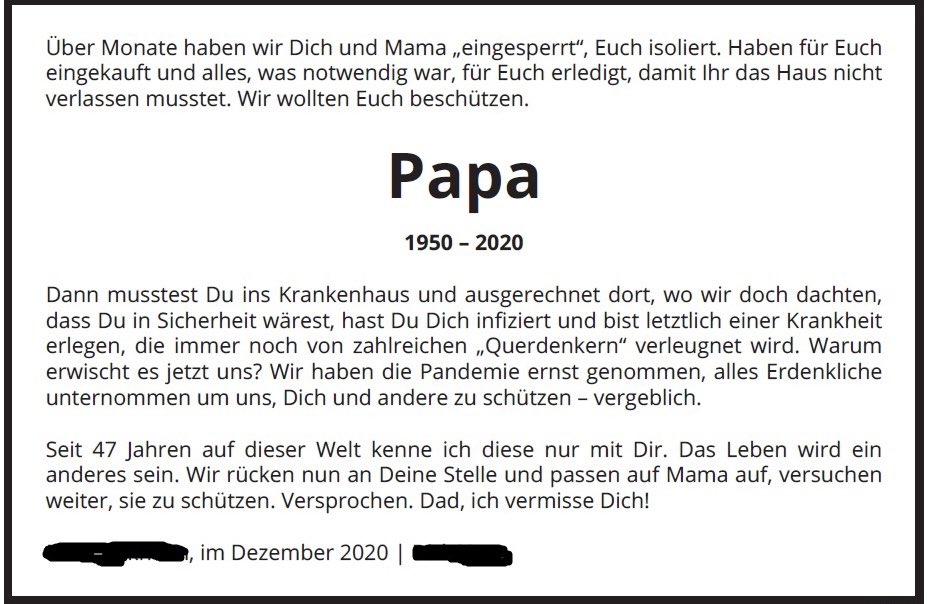 Diese Todesanzeige in meiner Lokalzeitung hat mich heute sehr bewegt. Wer sagt, es treffe nur die Alten: Wollen Sie mit 70 sterben? Wollen Sie mit 47 den Vater verlieren? Jedes Leben ist gleich viel wert. #aha #zusammengegencorona