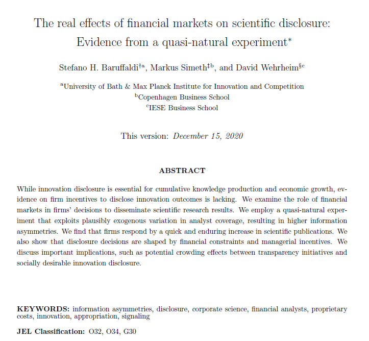 Markus Simeth (@markus_simeth) on Twitter photo New WP! Does a firm's financial information environment affect its incentives to disseminate scientific research outcomes? <a href="/SHBaruffaldi/">Stefano H. Baruffaldi</a>, <a href="/d_wehrheim/">David Wehrheim</a> and I examine how scientific publication practices change due to an exogenous loss of public information. papers.ssrn.com/sol3/papers.cf… New WP! Does a firm's financial information environment affect its incentives to disseminate scientific research outcomes? <a href="/SHBaruffaldi/">Stefano H. Baruffaldi</a>, <a href="/d_wehrheim/">David Wehrheim</a> and I examine how scientific publication practices change due to an exogenous loss of public information. papers.ssrn.com/sol3/papers.cf…