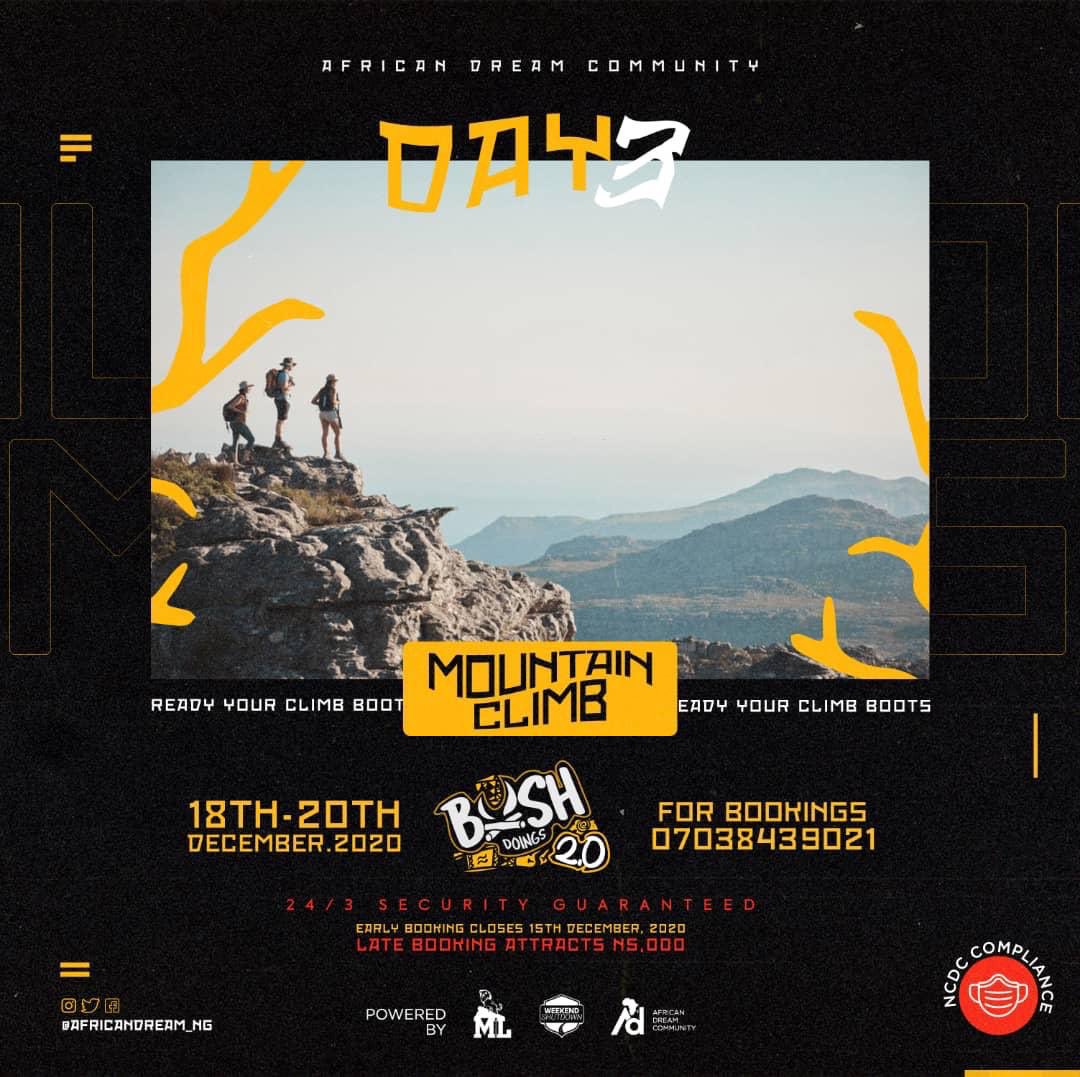 KingOpe__'s tweet photo. #BushDoings
kicks off today!!
Documentation/registration starts by 4pm
Venue: @KejeGrill Wuse2
-Music
-Games
-Paint ball war game
-Hiking
-Treasure Hunt
and many more.
Don't miss this for anything π₯π₯π₯ https://t.co/aKxRlt4emt