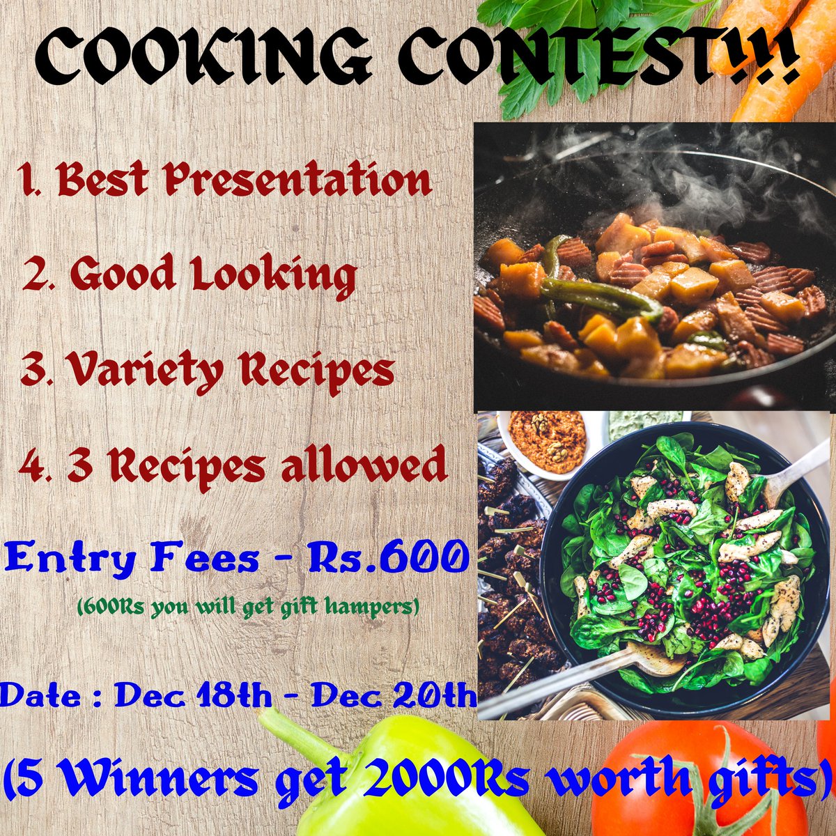 SukithaSuki's tweet photo. Hello Beautiful Ladies!!!!
 Here is a chance to show case your cooking talent and get exciting gifts.
Do you want to participate?
DM me immediately. Only for 3 days.
Book your slot with entry fees.

Note : For entry fees 600rs, you will get gift hampers.

DM Me.

#contest https://t.co/zp96I6291o