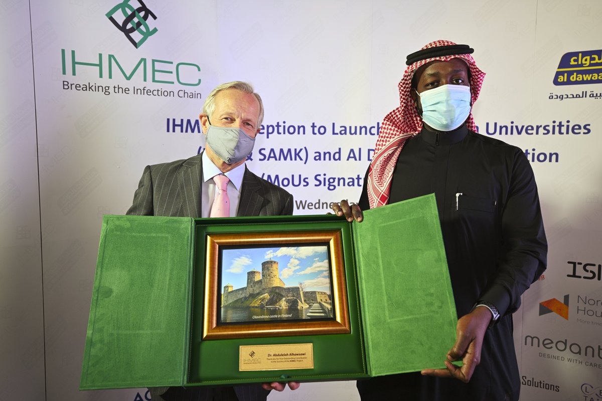 IhmecProject's tweet photo. Dr. Abdulelah Alhawsawi was awarded for his contribution to both countries &amp; knowledge-exchange in the field of infection prevention by the Finnish Embassy, IHMEC Project &amp; by AlDawaa Co. #indoorhygiene #infectionprevention #saudiarabia #CBresults https://t.co/FE7I7Nr2J2
