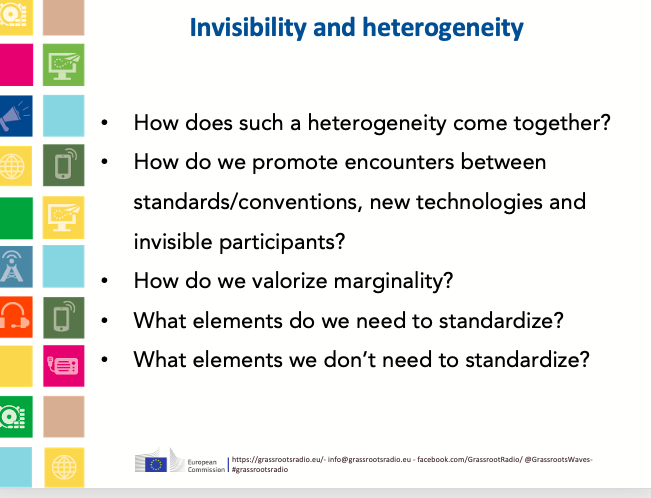 Final presentation with <a href="/_Nepantla/">Mariacristina Sciannamblo</a> bringing up key questions on invisibility and heterogeneity in sociotechnical projects, to approach the final discussion.

#GrassrootsRadio 
#FinalEvent