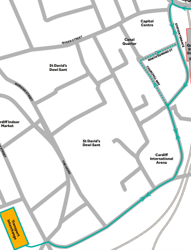 This area will be re-prioritised for better bus access. Large numbers of buses come this way from East of the city – they will now have better access to come and go quickly, and also to get to the new bus interchange (many routes from the east never reached the old bus station).