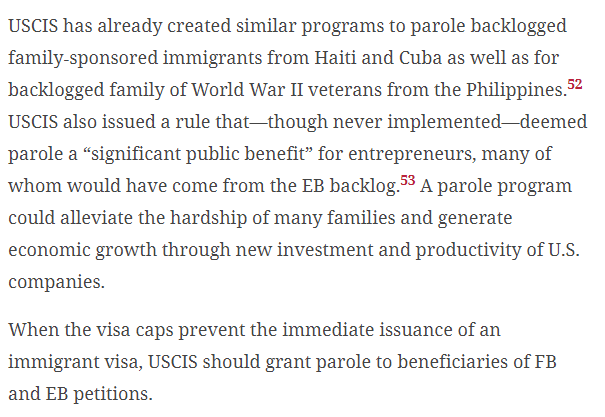 #4  @CyrusMehta follows this by arguing that for immigrant visa applicants abroad who cannot enter because of the caps, USCIS should parole them into the US immediately to reunite with their families or start their jobs. USCIS has already done this for certain nationalities!