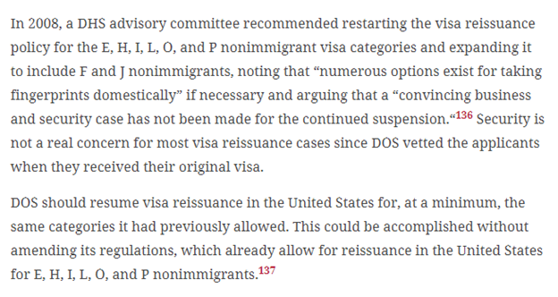 #15  @SYaleLoehr says DOS should reinstate its prior practice of reissuing visas in DC rather than requiring long-term temporary visa holders to travel abroad. DOS’s security argument lacks merit and DHS’s advisory committee already recommended doing it more than a decade ago