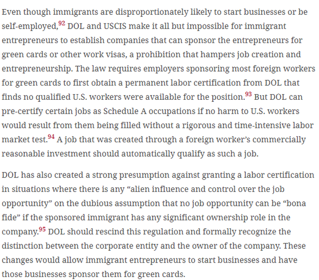#9  @AngeloPaparelli sketches out plans for DOL and USCIS to remove barriers to entrepreneurs being sponsored for green cards and visas by the companies they form. You’d think encouraging entrepreneurship would be a priority for any admin!