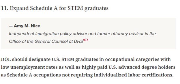 In 2 pieces, #10 Amy Nice explains how DOL should streamline permanent labor certifications for STEM degree holders by implementing a portion of the law it has never implemented. #11 She argues that DOL should pre-certify more STEM jobs as ones that won’t harm US workers