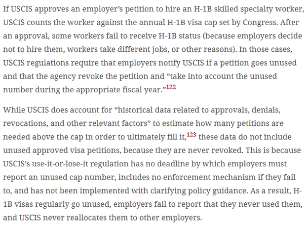 #13 Turning to nonimmigrant visas, Amy Nice also explains how USCIS fails to enforce its own regulation to prevent wasting unused H-1B visas. USCIS can immediately rectify this issue with a policy memo, creating more cap space for companies to hire foreign workers