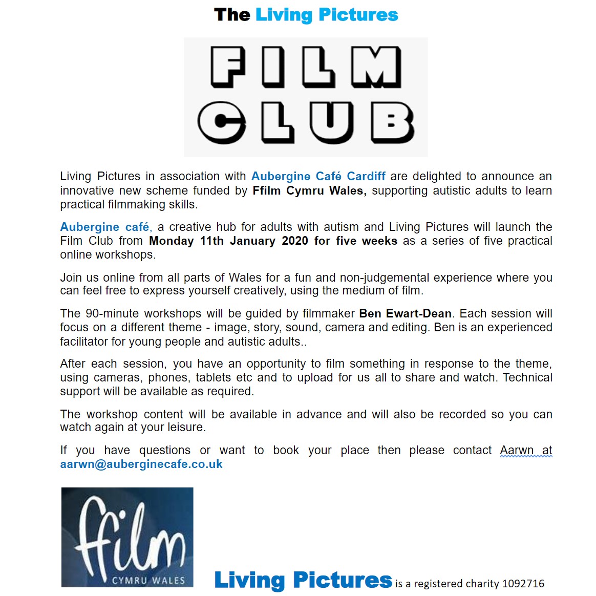 auberginecafec1's tweet photo. #Opportunity for #Autistic #Filmmakers!

#LivingPictures in association with Aubergine Café #Cardiff are delighted to announce an innovative new scheme funded by #FfilmCymruWales, supporting #AutisticAdults to learn practical #Filmmaking skills. 

See attached image for details. https://t.co/TVdHwNO9fP