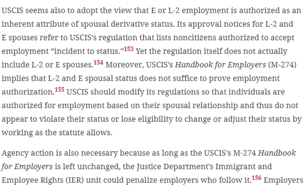 #17  @AngeloPaparelli argues for a really simple change that should be uncontroversial: L-2 and E spouses should be allowed to work without an EAD. The story of why it’s unclear if they can is just bizarre. USCIS seems to acknowledge it while denying it at the same time! Fix it!