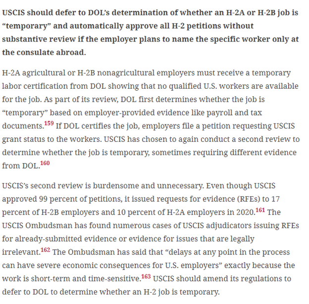 #18 I argue that USCIS should automatically approve H-2 petitions if the employer plans to name the specific worker only at the consulate abroad by deferring to DOL’s determination of whether an  #H2A or  #H2B job is “temporary”. This would greatly streamline the H2 process