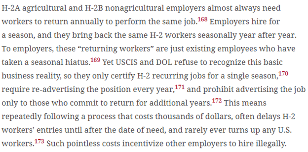 #19 I argue DOL should certify  #H2A &  #H2B jobs for up to 3 years if the worker is returning to the same job. This would effectively exempt those workers from the  #H2B cap & greatly fast track the process for all H2 workers who employers already consider existing employees
