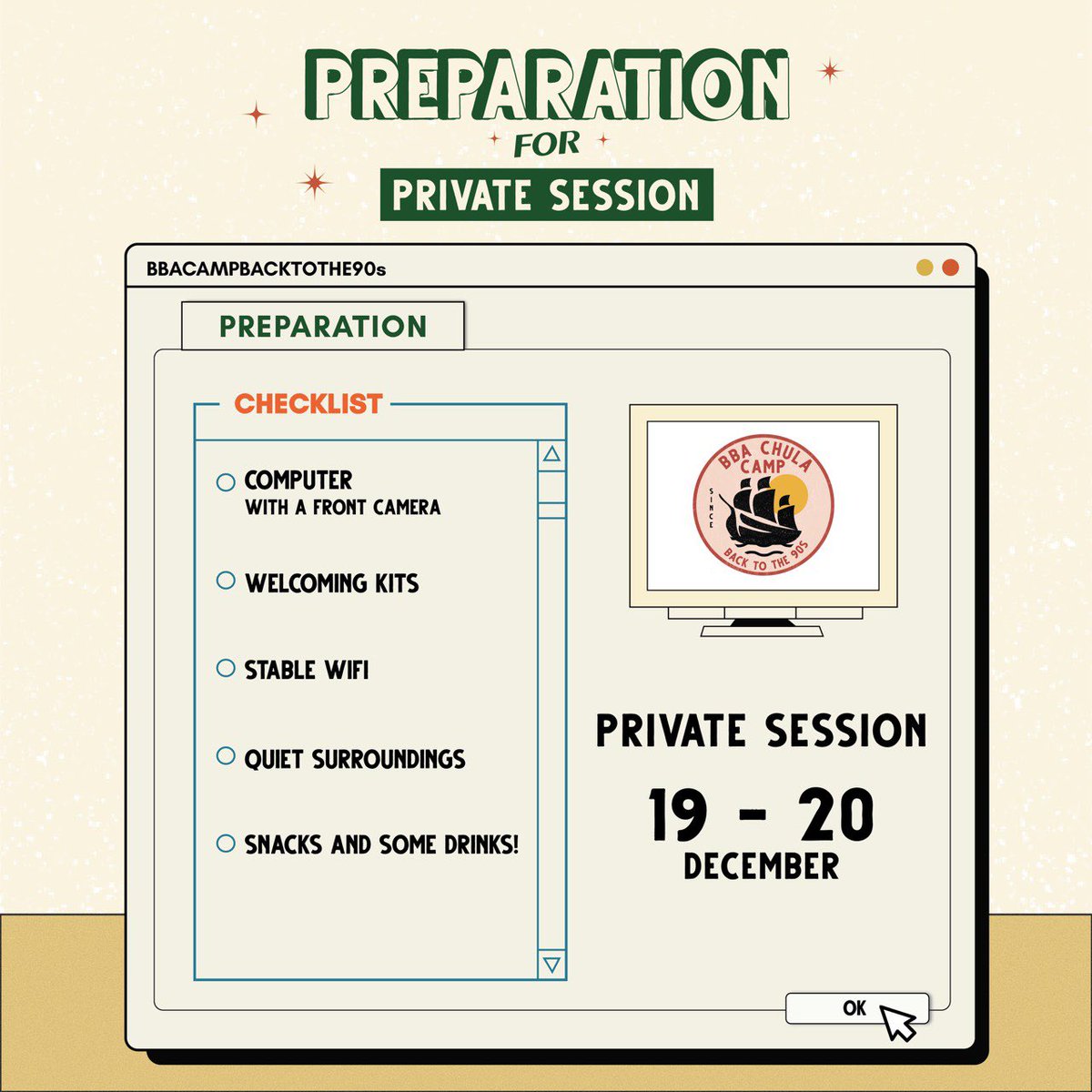 BBAChulacamp's tweet photo. พรุ่งนี้แล้วน้าน้องๆ สำหรับ Private Session ของเราาาา!✨🤩 ตื่นเต้นกันม้ายยย👀 วันนี้พี่ๆเตรียม checklist มาให้ด้วยย เตรียมตัวให้พร้อม แล้วเจอกันค่าาา💗

#BBACampbacktothe90s https://t.co/3IBRSCYE5L