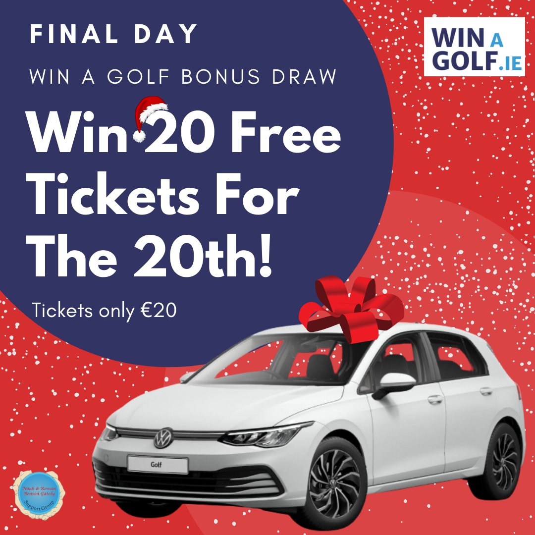 WinAGolf1's tweet photo. 🎁 WIN 20 FREE TICKETS FOR THE 20TH -  FINAL DAY
🎁

Buy a ticket online for our Noah and Rowan Benson Gately Support Group  'Win A Golf' draw for just €20 by 11.59pm on the 20th December, and you'll go into a draw to win 20 FREE tickets! Buy online at https://t.co/YK3wBomujO. https://t.co/yRsI1iW2ED