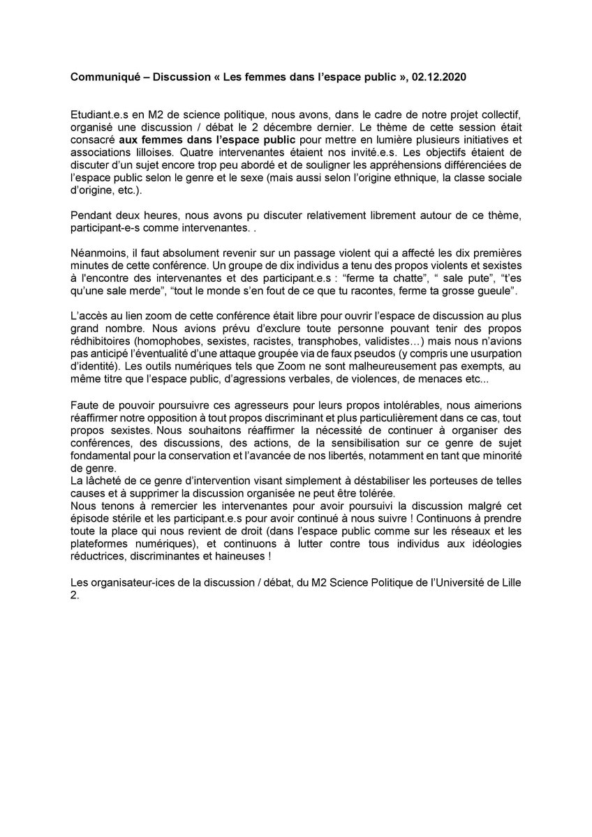 MasterLille's tweet photo. 🔔Communiqué suite à la discussion sur “Les femmes dans l’espace public” 🔔 @MasterLille https://t.co/DW1EOaBfVY