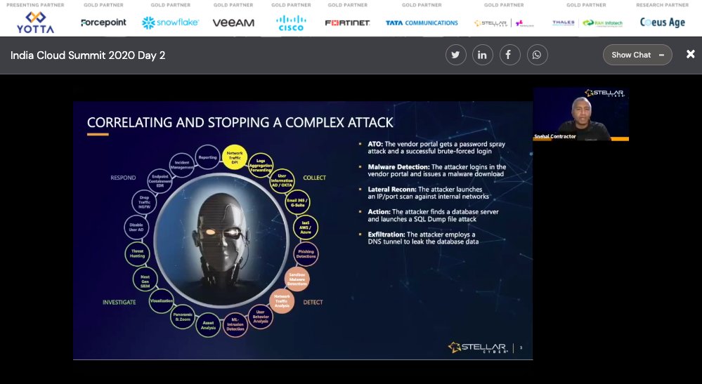 rneelmani's tweet photo. Snehal Contractor - VP, Worldwide Systems Engineering and Technical Services at @stellarcyberai showcasing how to create visibility of data to stop a complex #CyberAttack @DynamicCIO #ICS2020 #GirlsWhoCode @hacback17 @shipramalhotra @muqbil_ahmar @dynamicCISO https://t.co/FqJNEuvJUl