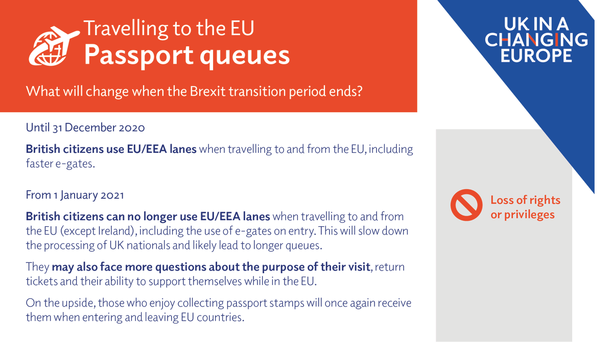 UKandEU's tweet photo. If you're travelling to the EU from 1 January, British passport holders will no longer use EU/EEA passport queues, or be able to use faster e-gates on entry 🛂

This could lead to longer queues when visiting EU countries 🇪🇺

#BrexitChanges https://t.co/jfbHpN28mc