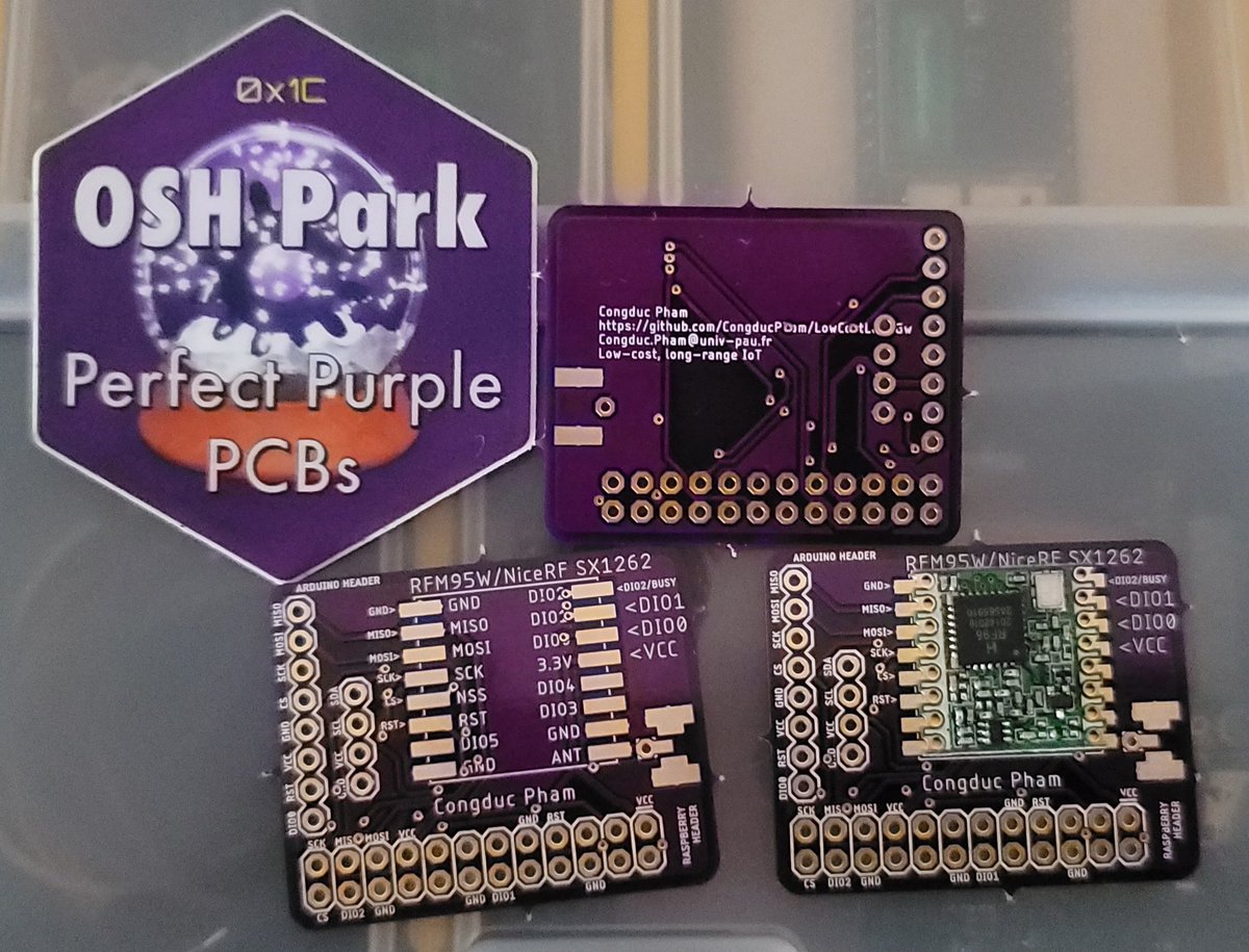 First order with the purple PCB from @oshpark for continuing #LoRa experimentation. Now waiting the SX1262 Chips to solder. PCB work by C. Pham