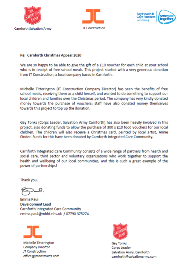 jtconstructs's tweet photo. A little update on providing childrens meals. We are pleased to have worked with Carnforth ICC and the Salvation Army to provide vouchers to 300 families identified via their schools. We would like to thank once again our generous colleagues and the agencies who have helped. https://t.co/DEBRwdpn2U