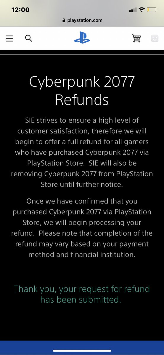 LukeHeydon's tweet photo. @AskPS_UK Hi. I’ve requested a refund for Cyberpunk 2077 through the PlayStation website and once I filled out my account email and password, it chucked me back out to the screen below. Is there anything else that I need to fill out to request the refund or is that completed? https://t.co/cuYd1tQAZS
