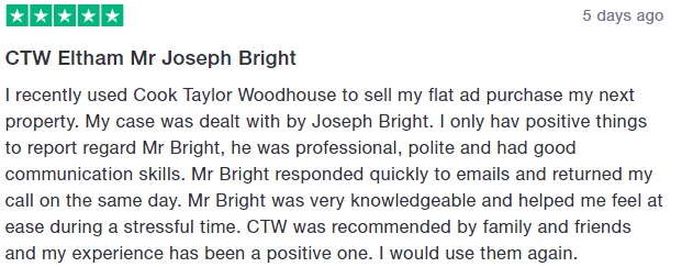 CTWsolicitors's tweet photo. It is #freedbackfriday and this week we have a 5⭐️review for Joe at our Eltham office. This client had only positive things to say about Joe. Well done! #conveyancing #servicematters https://t.co/z3o6QBM9Dz