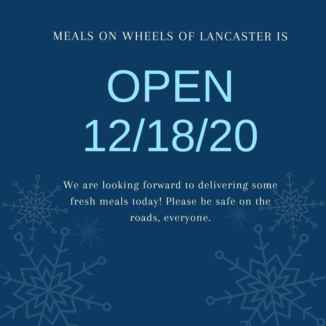 LancasterMOW's tweet photo. We are delivering today, Friday 12/18! We are looking forward to getting back on the road today but we encourage all of our drivers, volunteers, staff and clients to be safe. With any questions or comments, please contact us: 717-392-4842 or info@lancastermow.org https://t.co/SlNhiq6yaj