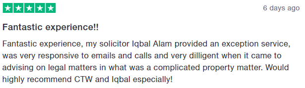 CTWsolicitors's tweet photo. We start off this week with a 5⭐️ review for Iqbal in our Dartford office. An exceptional service and highly recommended. Well done Iqbal! 🍾 #conveyancing #servicematters https://t.co/P29lfJL1pq
