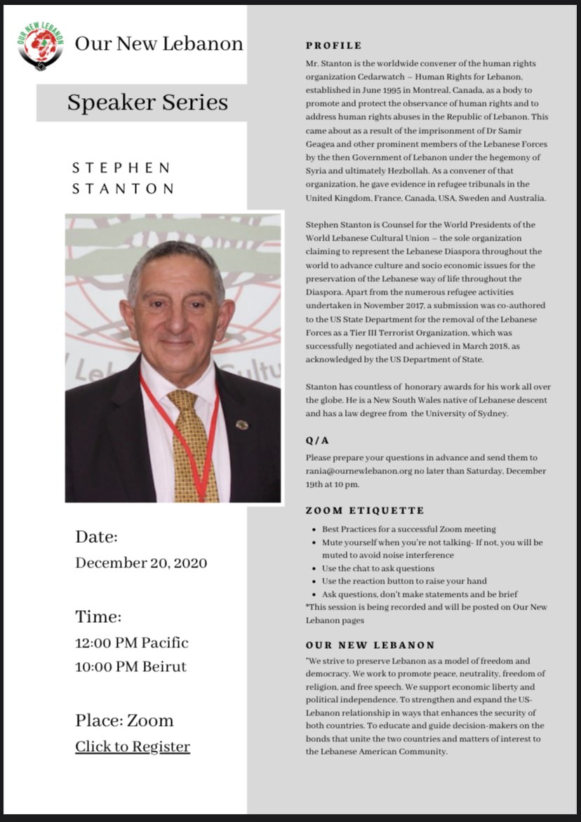 World Lebanese Cultural Union (@wlcu_world) on Twitter photo Don’t miss out WLCU World President Mr. Stephen Stanton’s interview on “Our New Lebanon’s” speaker series on Dec 20th! 🇱🇧
Registration ⬇️
us02web.zoom.us/meeting/regist…
#WLCU #LebaneseDiaspora <a href="/wlcuy/">WLCU Youth</a> Don’t miss out WLCU World President Mr. Stephen Stanton’s interview on “Our New Lebanon’s” speaker series on Dec 20th! 🇱🇧
Registration ⬇️
us02web.zoom.us/meeting/regist…
#WLCU #LebaneseDiaspora <a href="/wlcuy/">WLCU Youth</a>