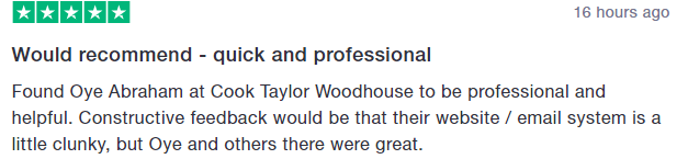 CTWsolicitors's tweet photo. A 5⭐️ review today for Oye at our Eltham office being professional and helpful. We are always grateful for constructive feedback and we always strive to improve our systems. Well done Oye! #conveyancing #servicematters https://t.co/XFItksKFLZ