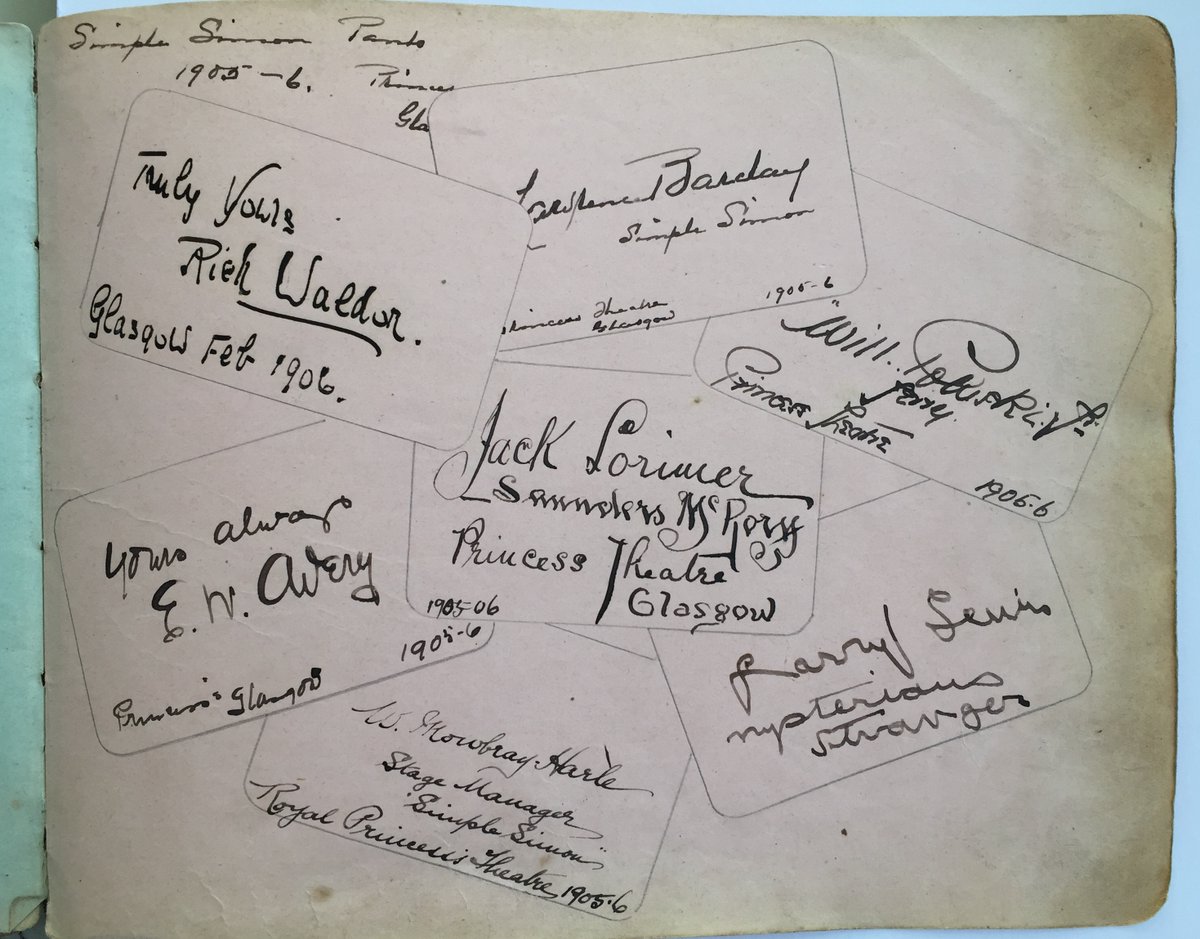 For the 1905/06 #panto season, my g-grandfather, Larry Lewis, was in 'Simple Simon' at the Royal Princess's, Glasgow (now <a href="/citizenstheatre/">Citizens Theatre</a>). He collected company autographs inc. Jack Lorimar (father of Max Wall) as well as the stage manager &amp; other #MusicHall faves
<a href="/panto_day/">Panto Day</a>