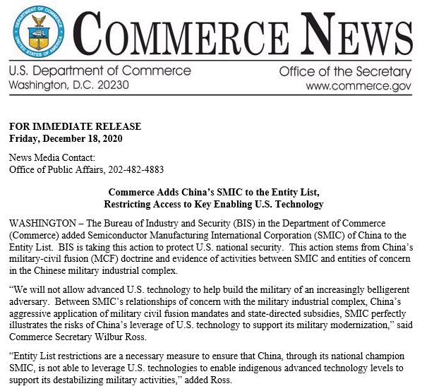 UPDATE: On Friday, Trump announces addition of SMIC – a massive Chinese manufacturer of semiconductors – to “Entity List.” This means US semiconductor equipment & software companies can no longer send SMIC exports without a license.This is BIG.