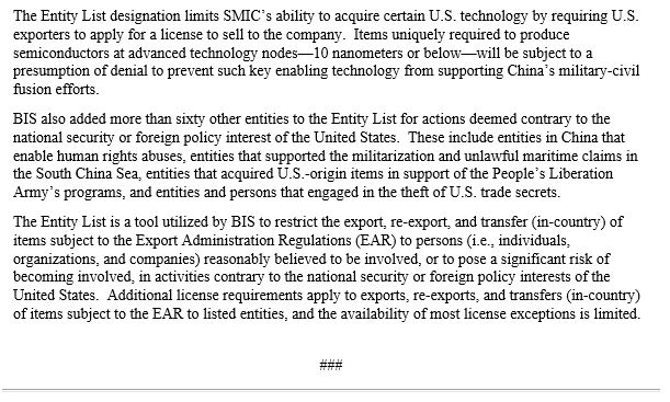 UPDATE: On Friday, Trump announces addition of SMIC – a massive Chinese manufacturer of semiconductors – to “Entity List.” This means US semiconductor equipment & software companies can no longer send SMIC exports without a license.This is BIG.