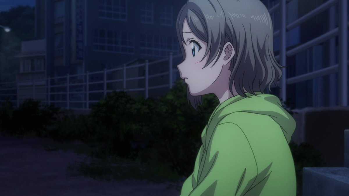 Love Live Sunshine Season 2 Episode 6: Chika is practicing her backflip at night, and only You is accompanying her until Riko and the others eventually join them