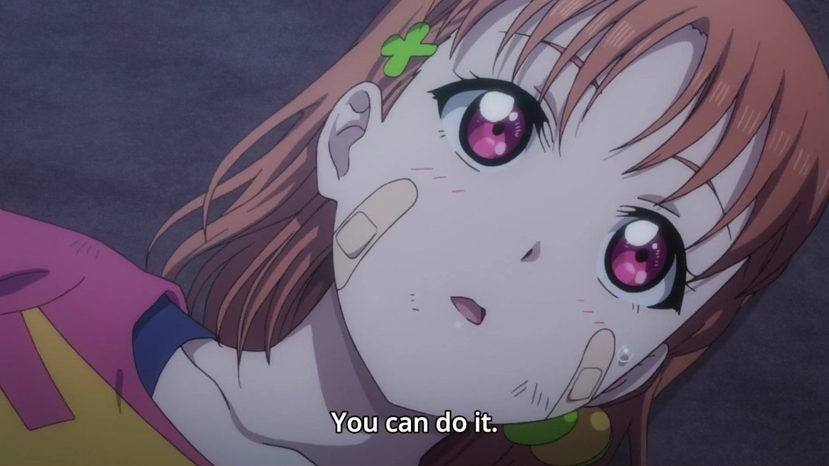 Love Live Sunshine Season 2 Episode 6: Chika is practicing her backflip at night, and only You is accompanying her until Riko and the others eventually join them