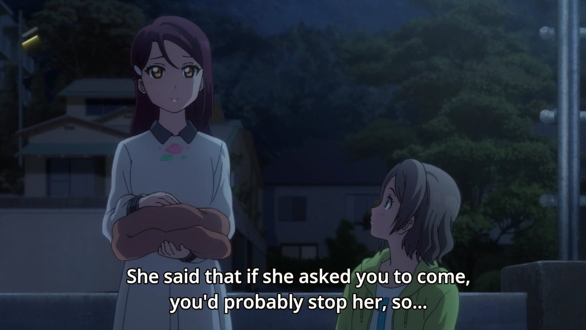 Love Live Sunshine Season 2 Episode 6: Chika is practicing her backflip at night, and only You is accompanying her until Riko and the others eventually join them