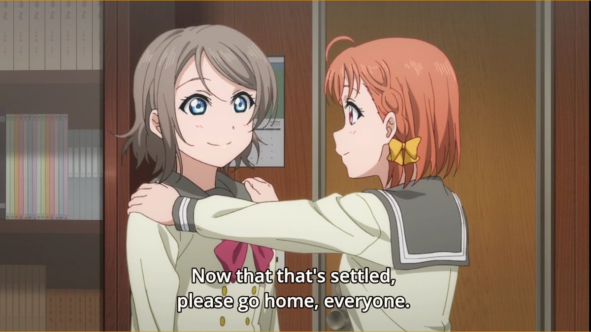 or like when You stops Chika from overdoing herself when Chika is desperate to stop Urajo from closing down (lots of hagus), and later when the two of them with Kanan and Riko stand by the pool and pray for Urajo