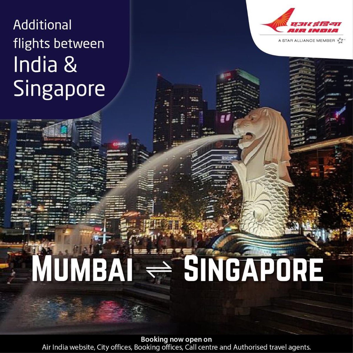 AirindiaCh's tweet photo. #FlyAI : Air India will operate additional flights between India and Singapore from 1st January to 27th March' 21.

Mumbai - Singapore- Mumbai

Booking open on
Air India Website, Booking Offices , Call Centre and Authorised Travel Agents. https://t.co/a4qjPsdZPG