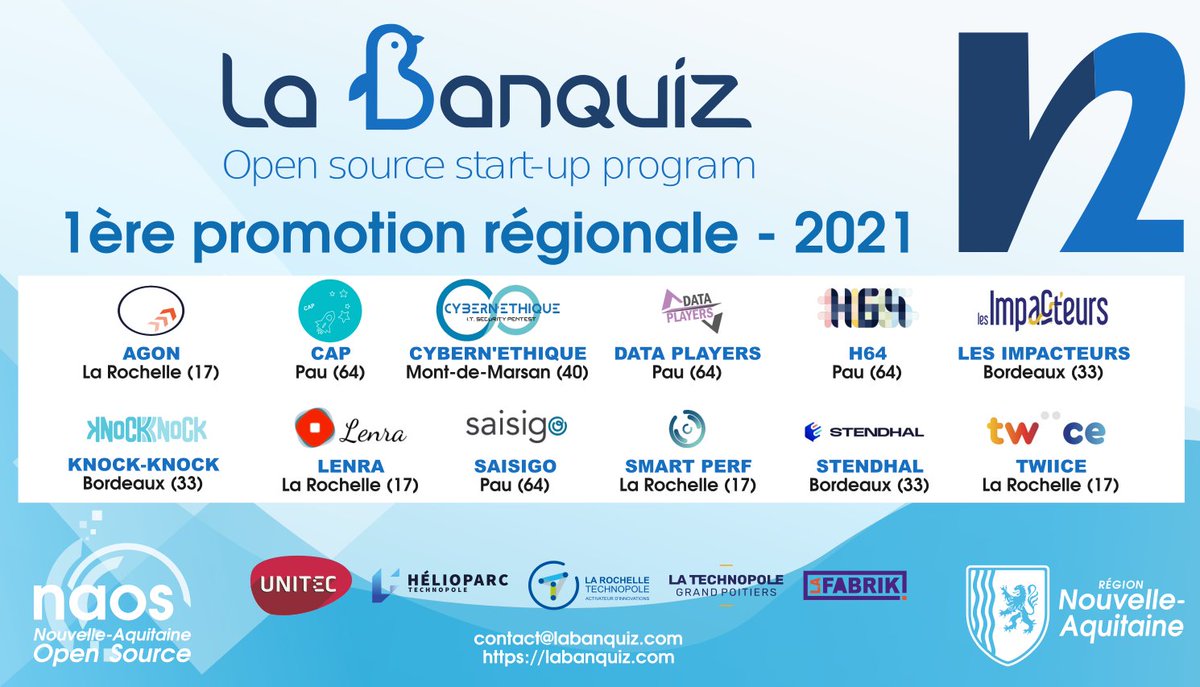 Nouvelle-Aquitaine Open Source (@naos_cluster) on Twitter photo Elles sont 12 start-ups à rejoindre la 1ère #promotion #régionale @labanquiz_fr v2 cc <a href="/NumeriqueNA/">Délégation Numérique de Nouvelle-Aquitaine</a> <a href="/UNITEC_Bdx/">UNITEC</a> <a href="/Helioparc/">Technopole Hélioparc</a> <a href="/LRTechnopole/">La Rochelle Technopole</a> #lafabrik_mdm <a href="/Grand_Poitiers/">Grand Poitiers</a> <a href="/cnll_fr/">CNLL</a>
Rdv très bientôt pour découvrir ces entreprises Elles sont 12 start-ups à rejoindre la 1ère #promotion #régionale @labanquiz_fr v2 cc <a href="/NumeriqueNA/">Délégation Numérique de Nouvelle-Aquitaine</a> <a href="/UNITEC_Bdx/">UNITEC</a> <a href="/Helioparc/">Technopole Hélioparc</a> <a href="/LRTechnopole/">La Rochelle Technopole</a> #lafabrik_mdm <a href="/Grand_Poitiers/">Grand Poitiers</a> <a href="/cnll_fr/">CNLL</a>
Rdv très bientôt pour découvrir ces entreprises