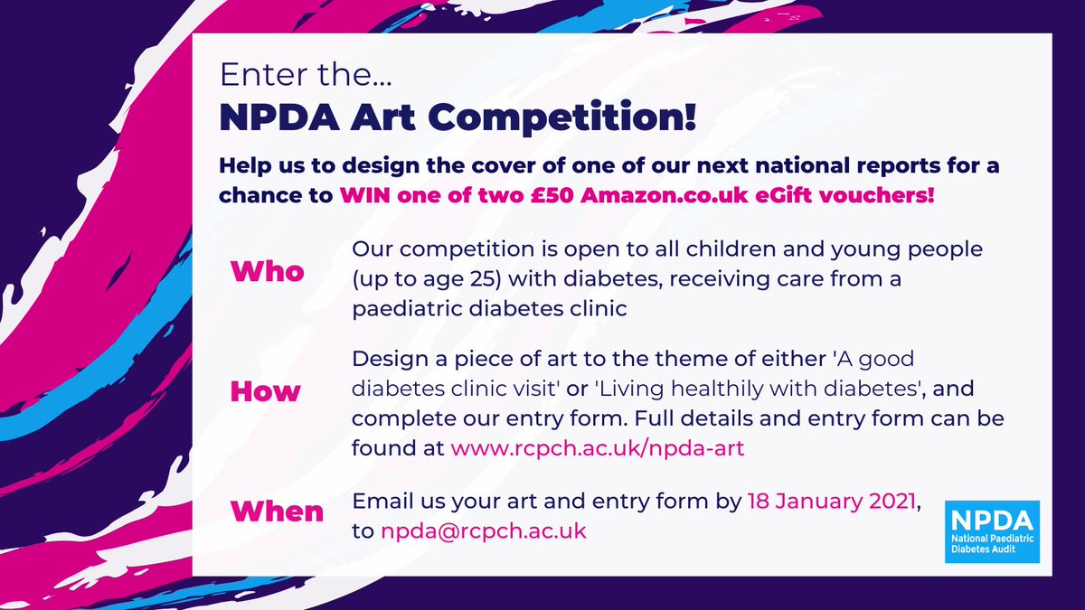 Know a child/young person with #diabetes who loves to get creative? 🎨 
Point them this way➡️bit.ly/3atMfWp 
By helping to design an NPDA report cover, they could win 1 of 2 £50 Amazon.co.uk eGift vouchers!
<a href="/FWDNN/">Families w Diabetes</a> <a href="/CYPDiabNetwork/">CYP Diabetes Network</a> <a href="/CYPDN_Wales/">CYP Wales Diabetes Network Manager</a> <a href="/RCPCH_and_Us/">RCPCH_and_Us</a>