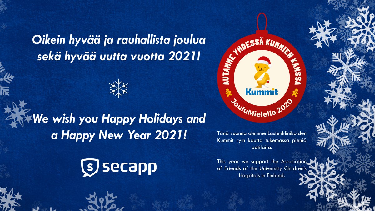 secapp_fi's tweet photo. 🇫🇮Kiitos kuluneesta vuodesta sekä oikein hyvää joulua ja uutta vuotta 2021! Tuemme tänä vuonna pieniä potilaita @Kummitry kautta🎄

🇬🇧Thank you for the past year and we wish you Happy Holidays and A Happy New Year 2021! This year we support young patients via Kummit in Finland🎄 https://t.co/t6fm9m337V