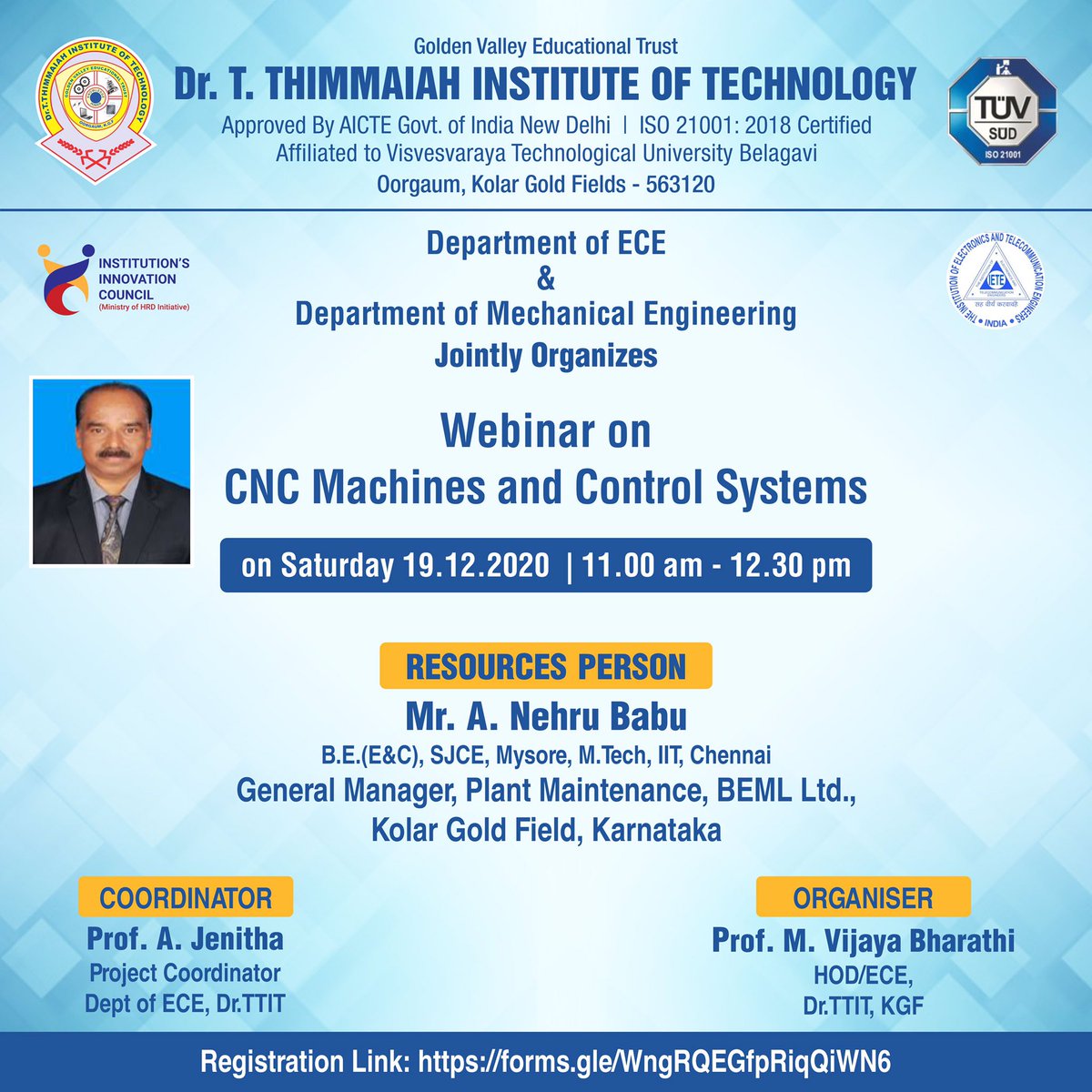 drttit877's tweet photo. Webinar alert! "CNC Machines and Control systems” Webinar to be conducted on 19.12.2020.  #TTIT #Webinar https://t.co/uwRm7vKVwe